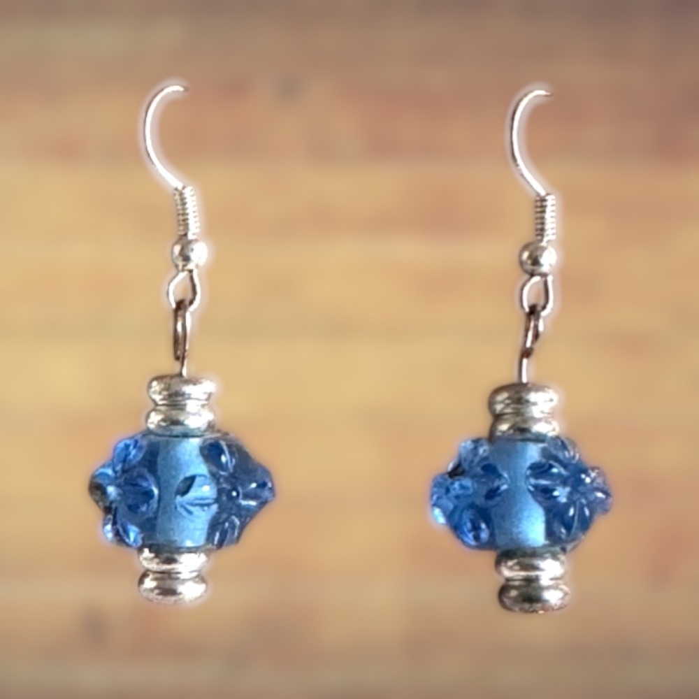 Blue Round Lampwork .925 Sterling Silver Hook Earrings Item #328
